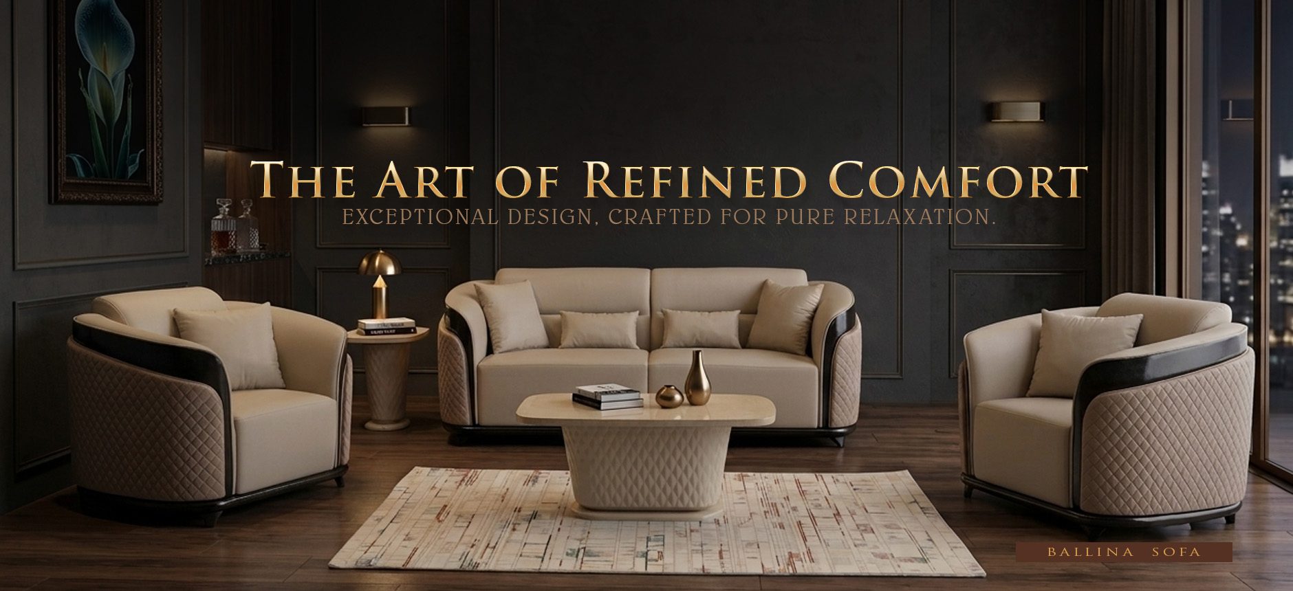 Unwind In Premium Style - Ballina beige and brown luxury sofa set with matching coffee table