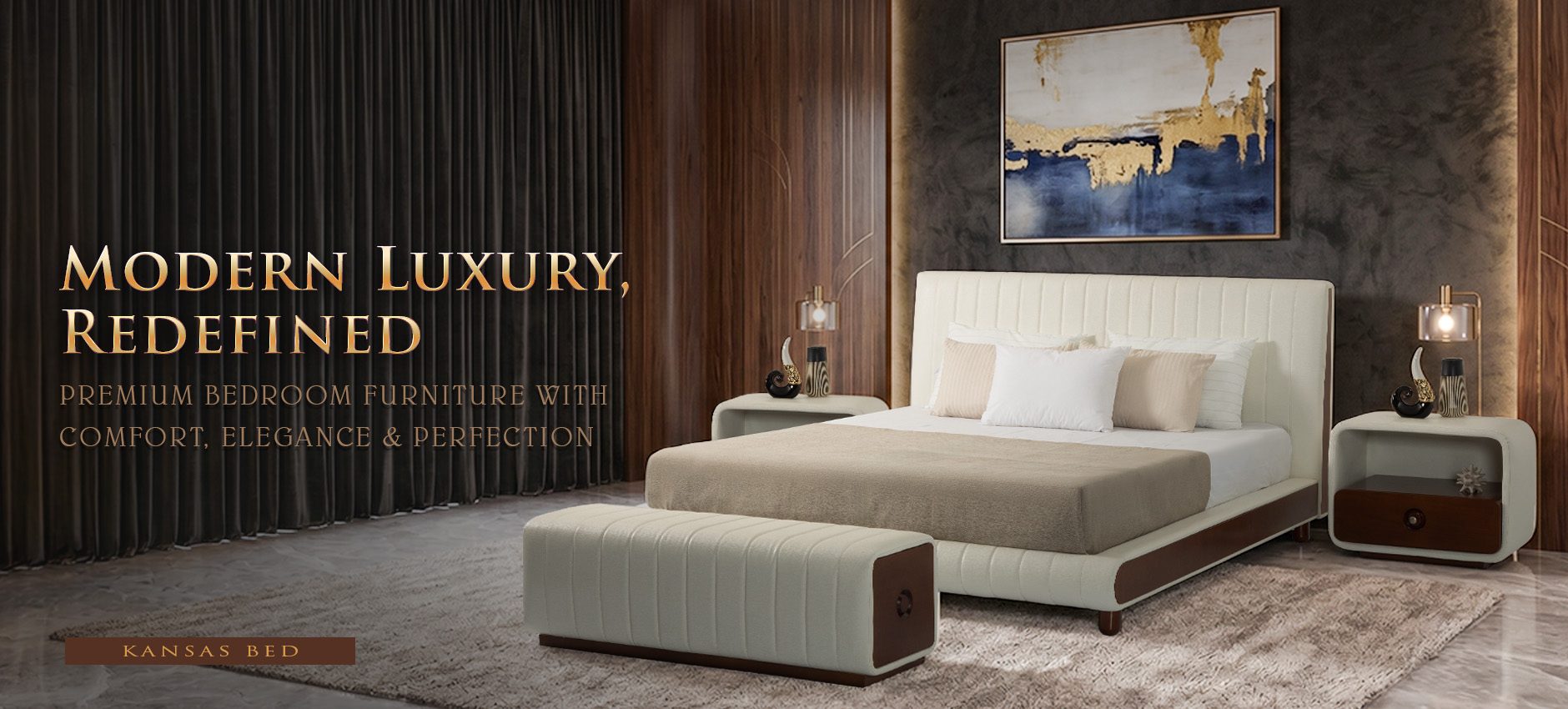 Modern Luxury At Its Finest - Kansas Bed with matching upholstered bench and nightstands in an elega