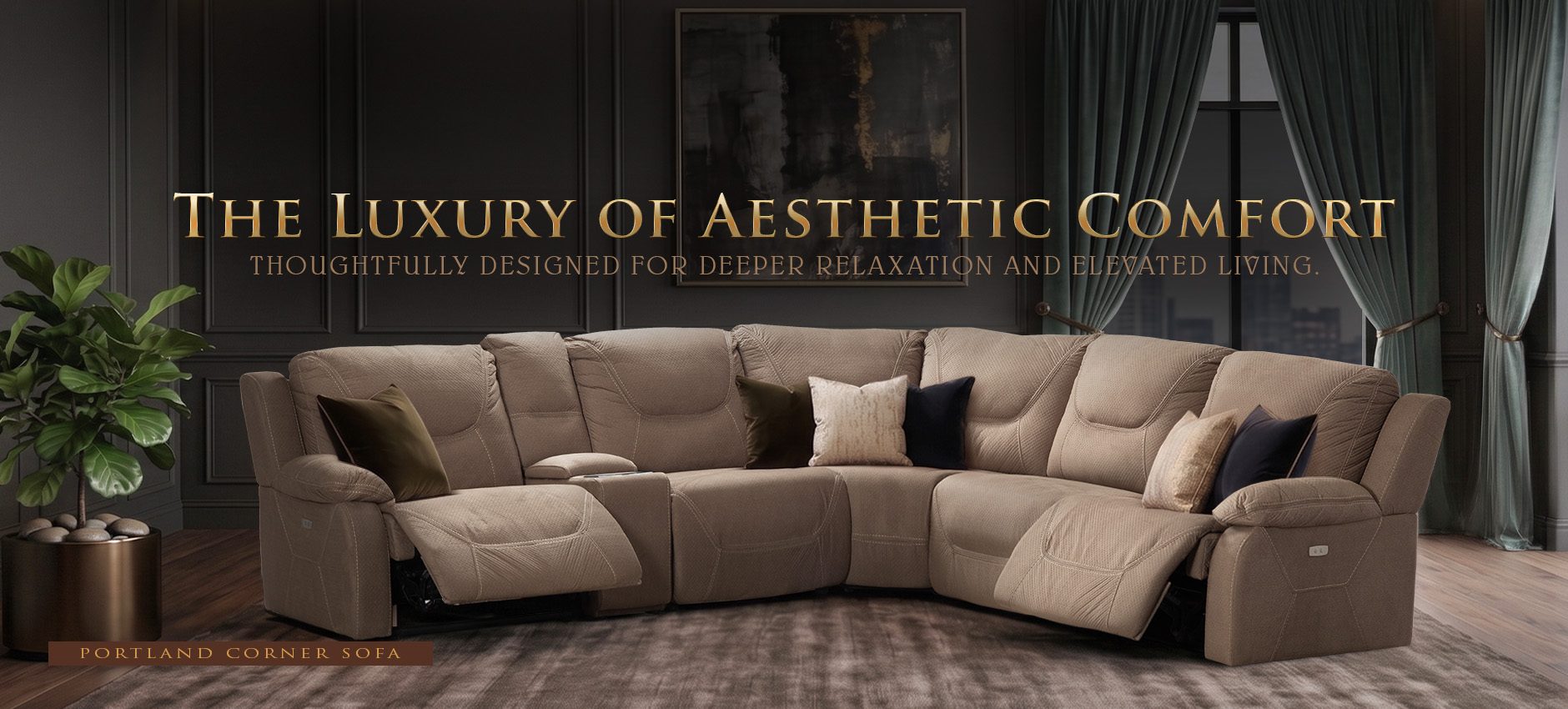 Portland Corner Sofa in beige reclining style within a dark elegant living room